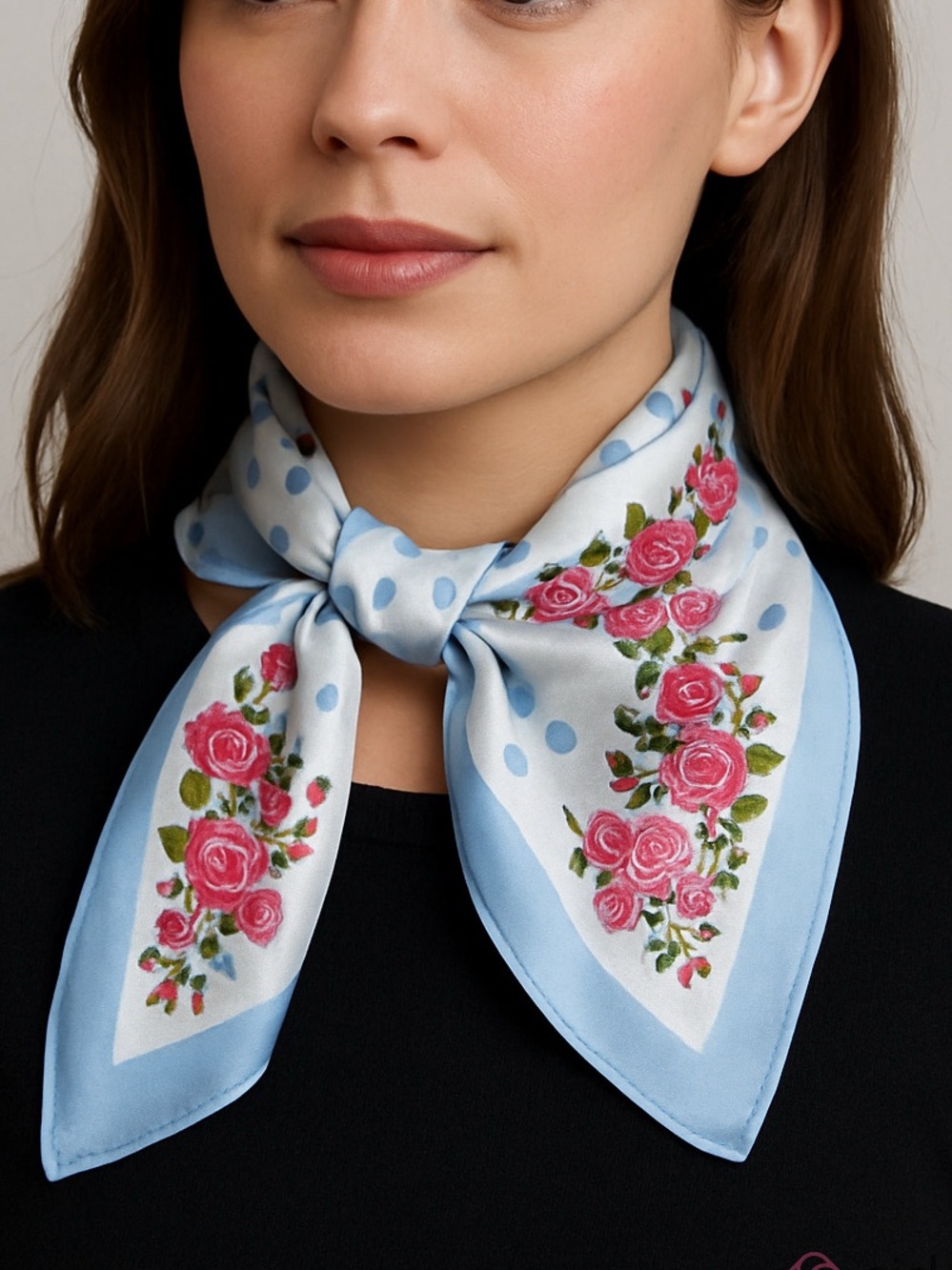 Vintage Private Label Floral Border Polka Dot cotton Scarf Blue pink & white